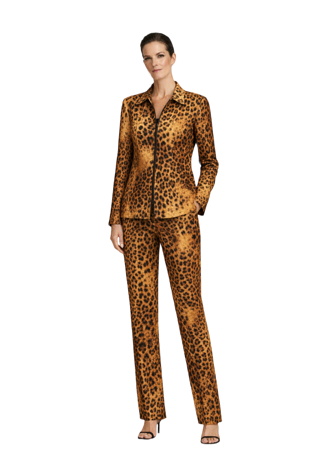 1990s Leopard Print Synthetic Blend Jacket & Pants Set - Model