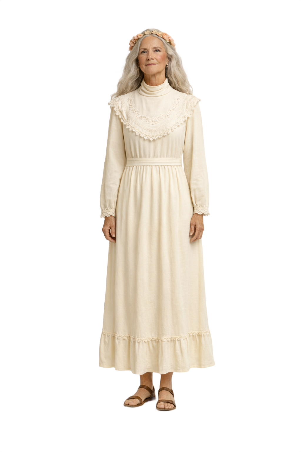 1980s Cream Synthetic Blend Maxi Dress - Model