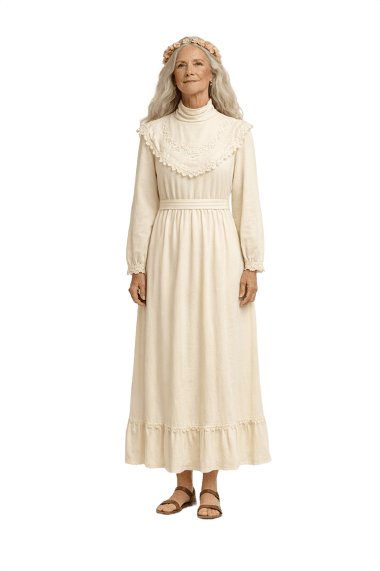 1980s Cream Synthetic Blend Maxi Dress - Model