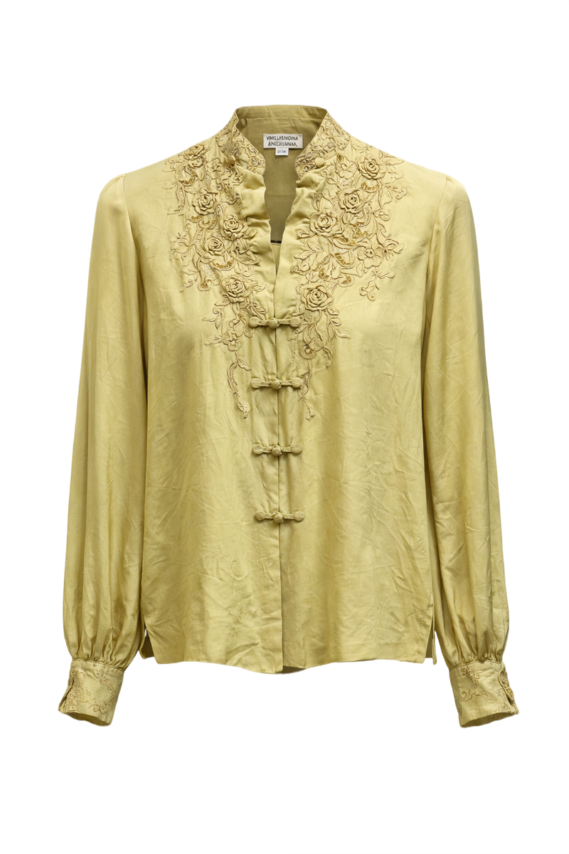 1970s Pale Yellow Silk Blouse - Front View