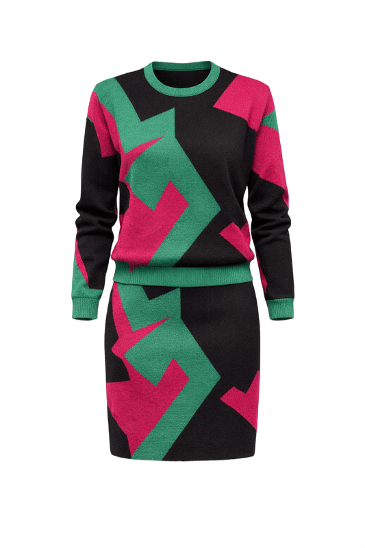 1990s Black Green Magenta Knit Top and Skirt Set - Front View