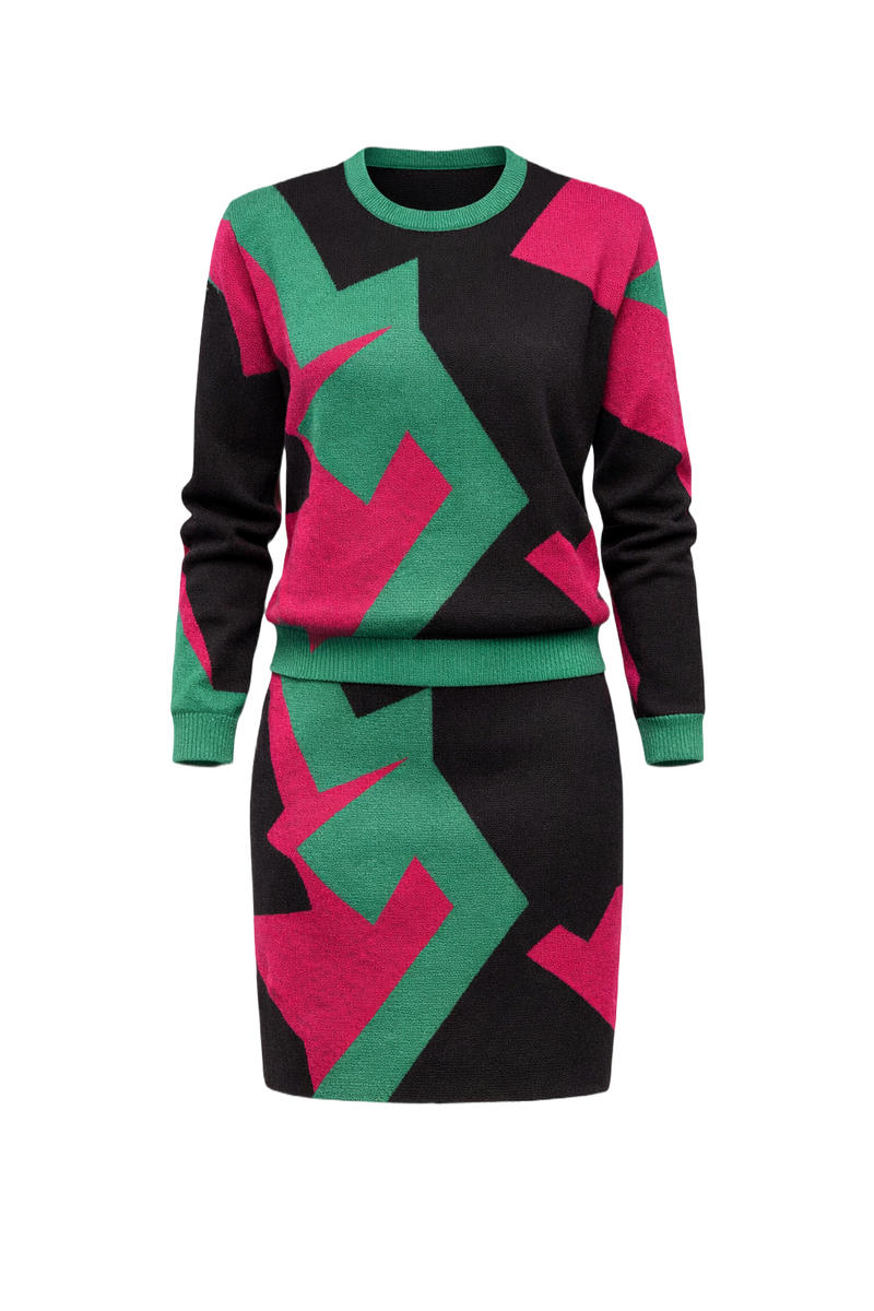 1990s Black Green Magenta Knit Top and Skirt Set - Front View