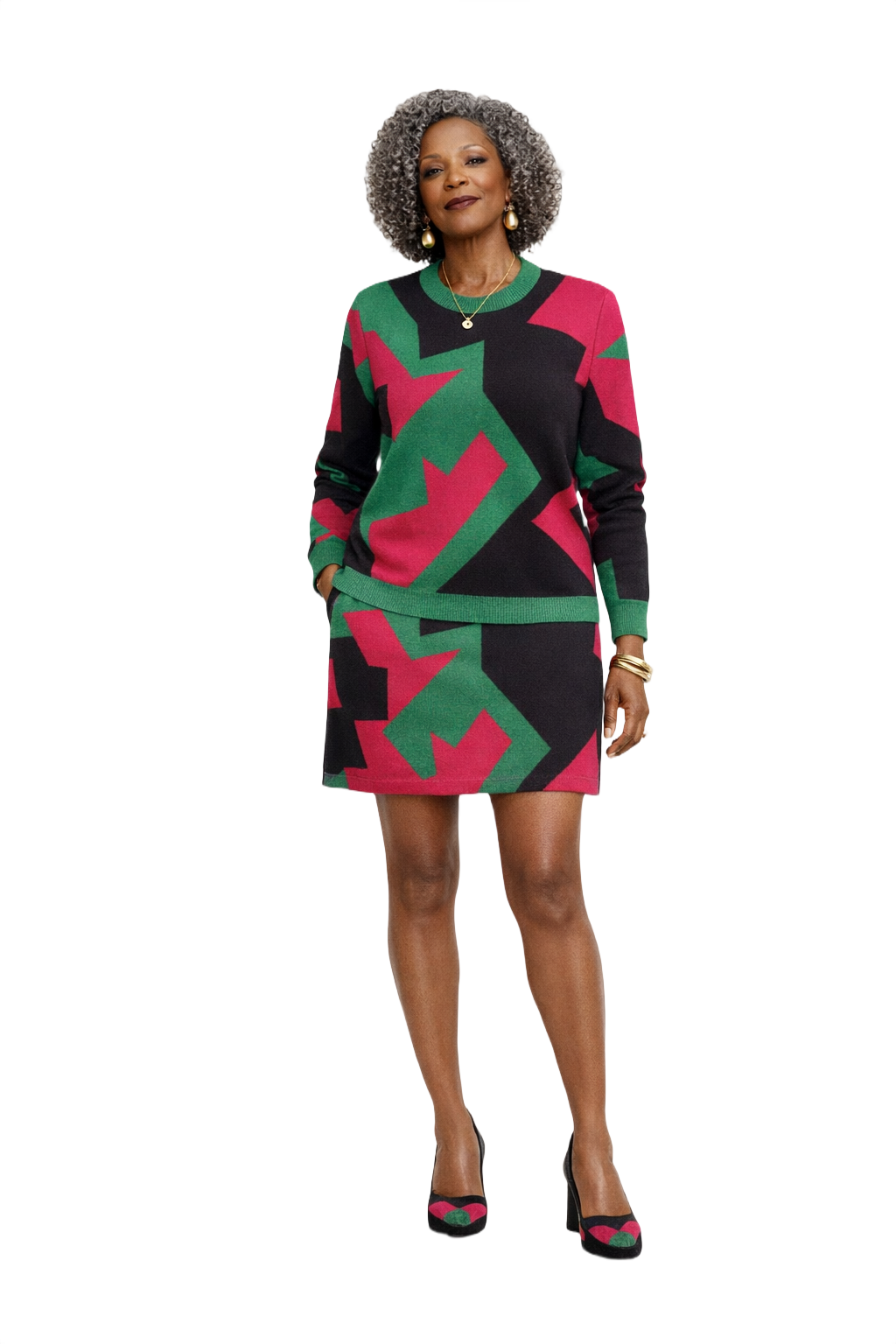 1990s Black Green Magenta Knit Top and Skirt Set - Model