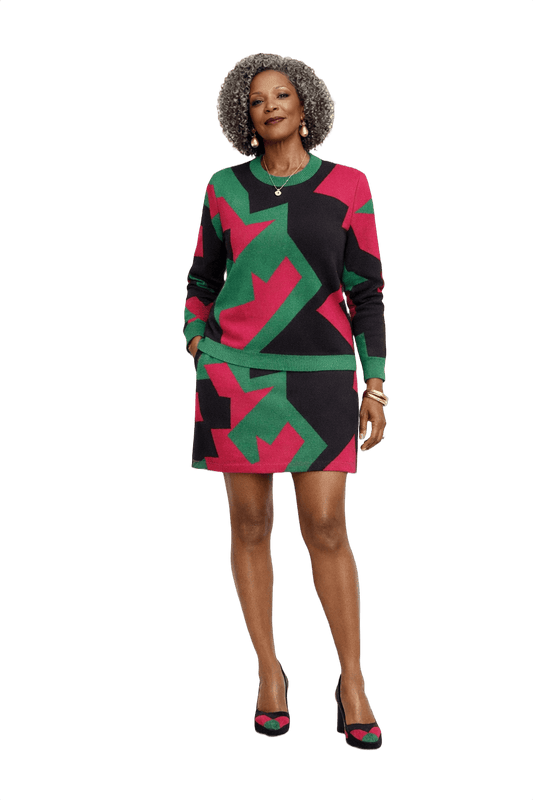 1990s Black Green Magenta Knit Top and Skirt Set - Model