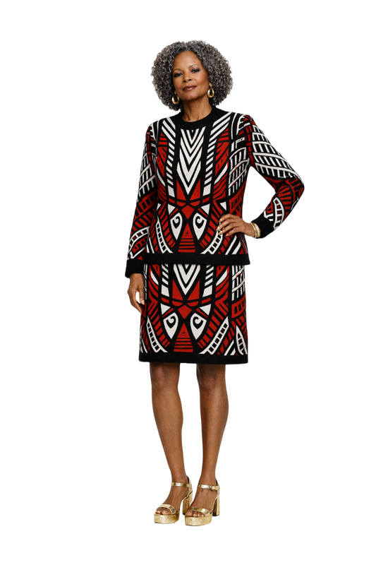 1980s Black, Red & White Knit Sweater + Skirt Set - Model