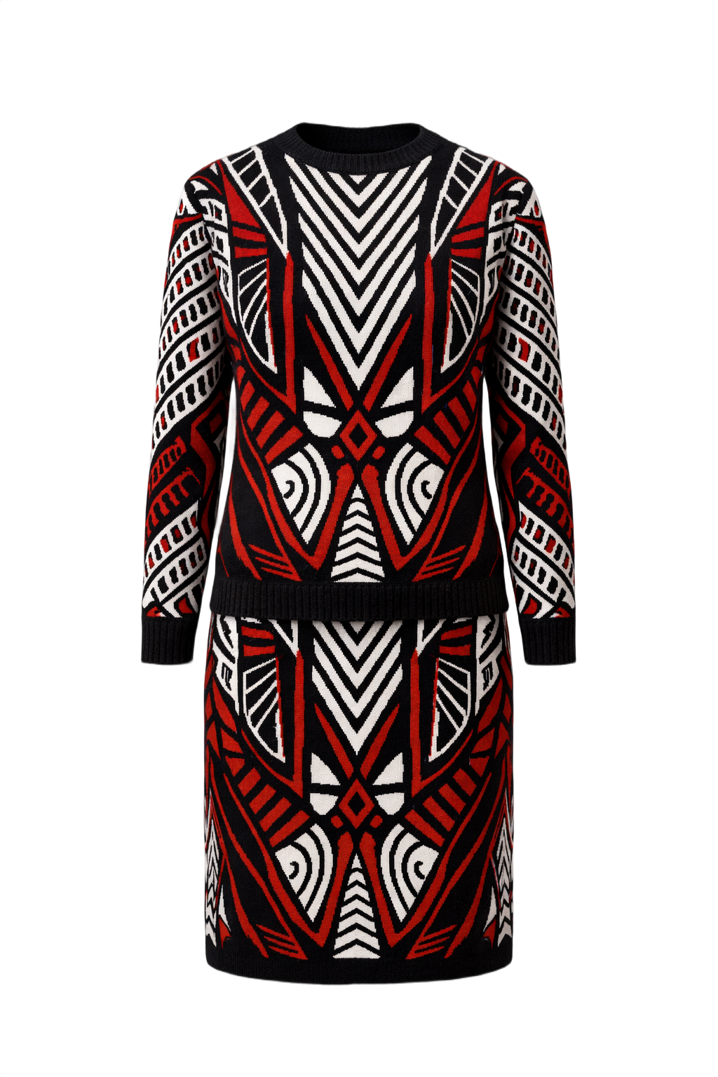 1980s Black, Red & White Knit Sweater + Skirt Set - Front View