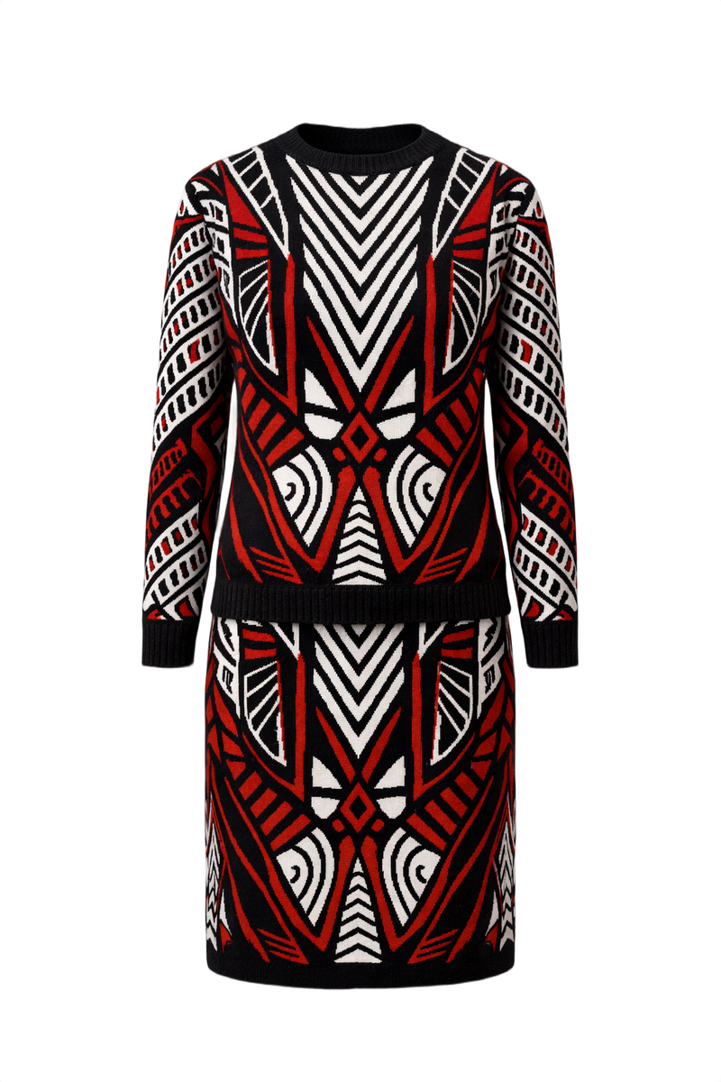 1980s Black, Red & White Knit Sweater + Skirt Set - Front View