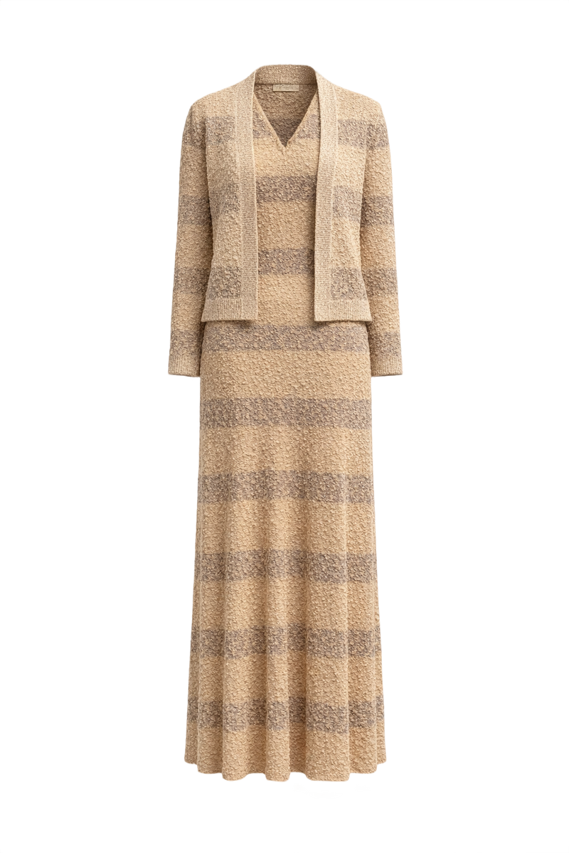 1930s Beige and Taupe Synthetic Knit Dress Set - Front View