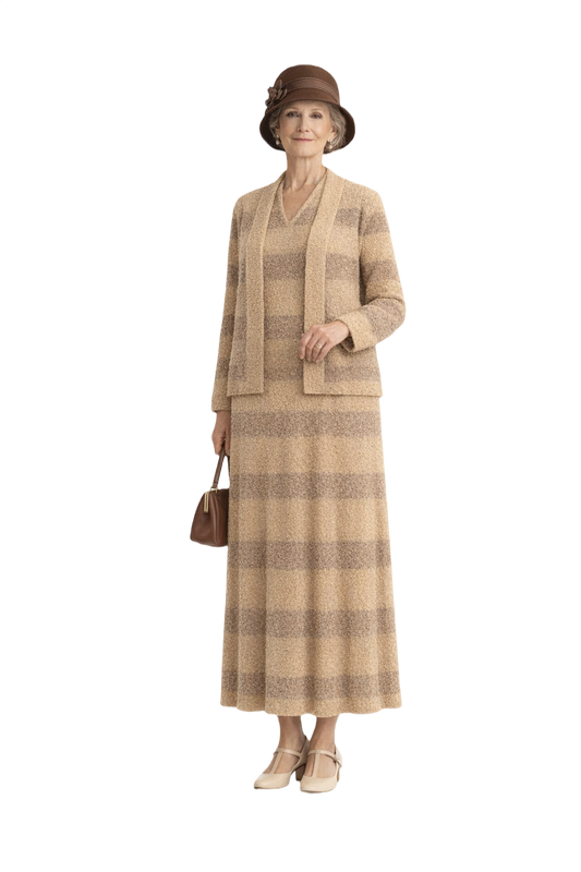 1930s Beige and Taupe Synthetic Knit Dress Set - Model