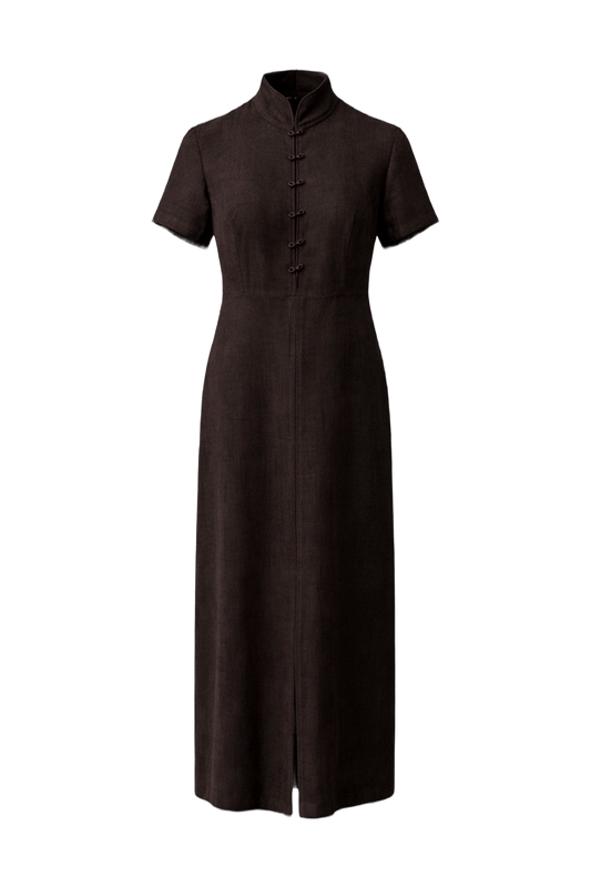 1990s Dark Brown Wool Dress - Front View