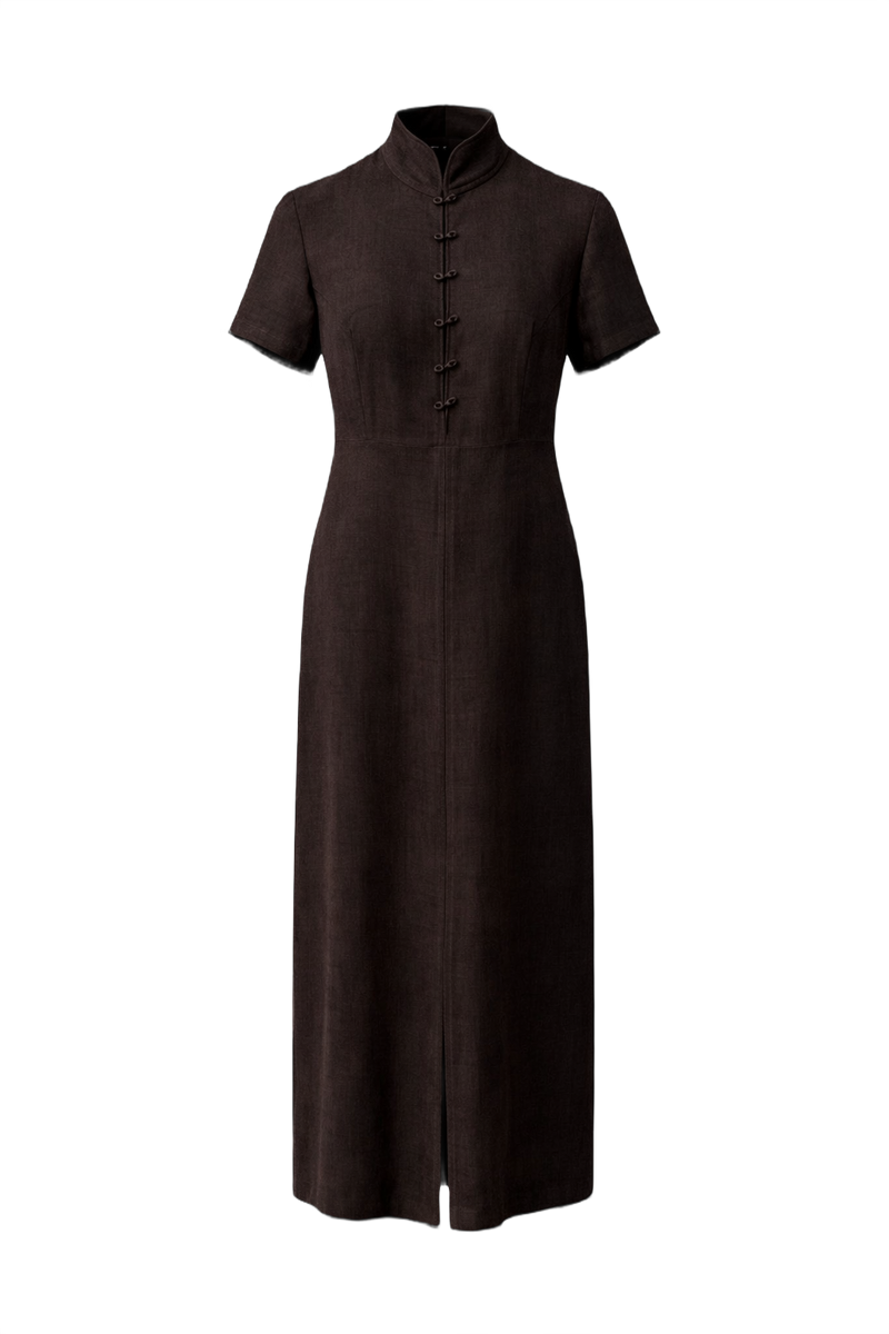 1990s Dark Brown Wool Dress - Front View