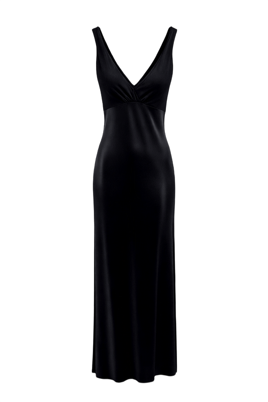 1990s Black Satin Maxi Dress - Front View