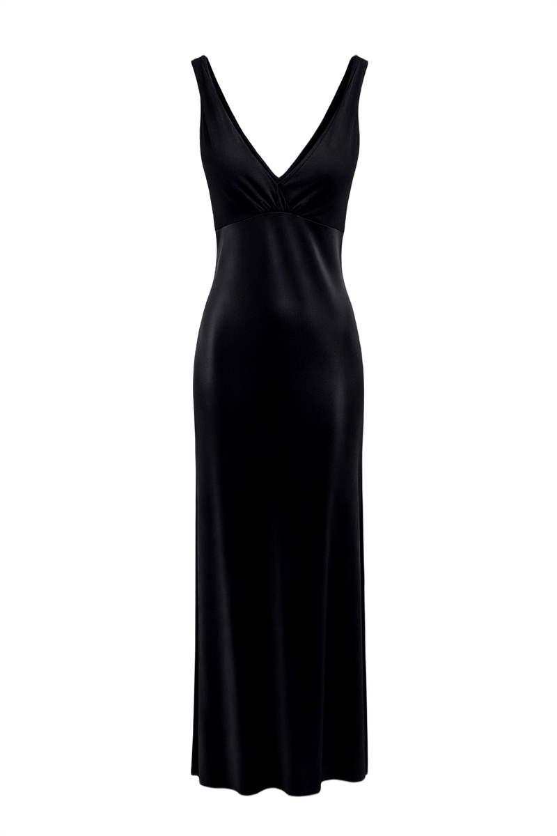 1990s Black Satin Maxi Dress - Front View