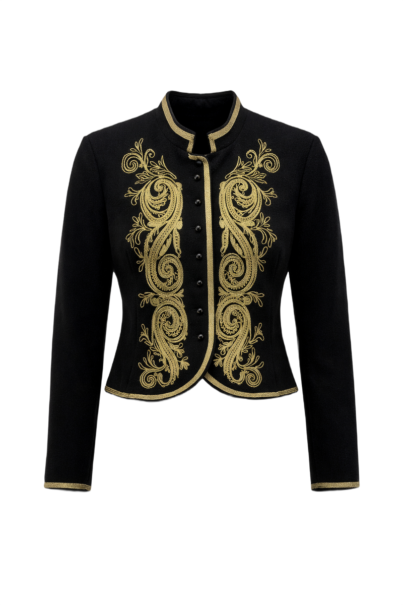 1990s Black Wool Embroidered Jacket - Front View