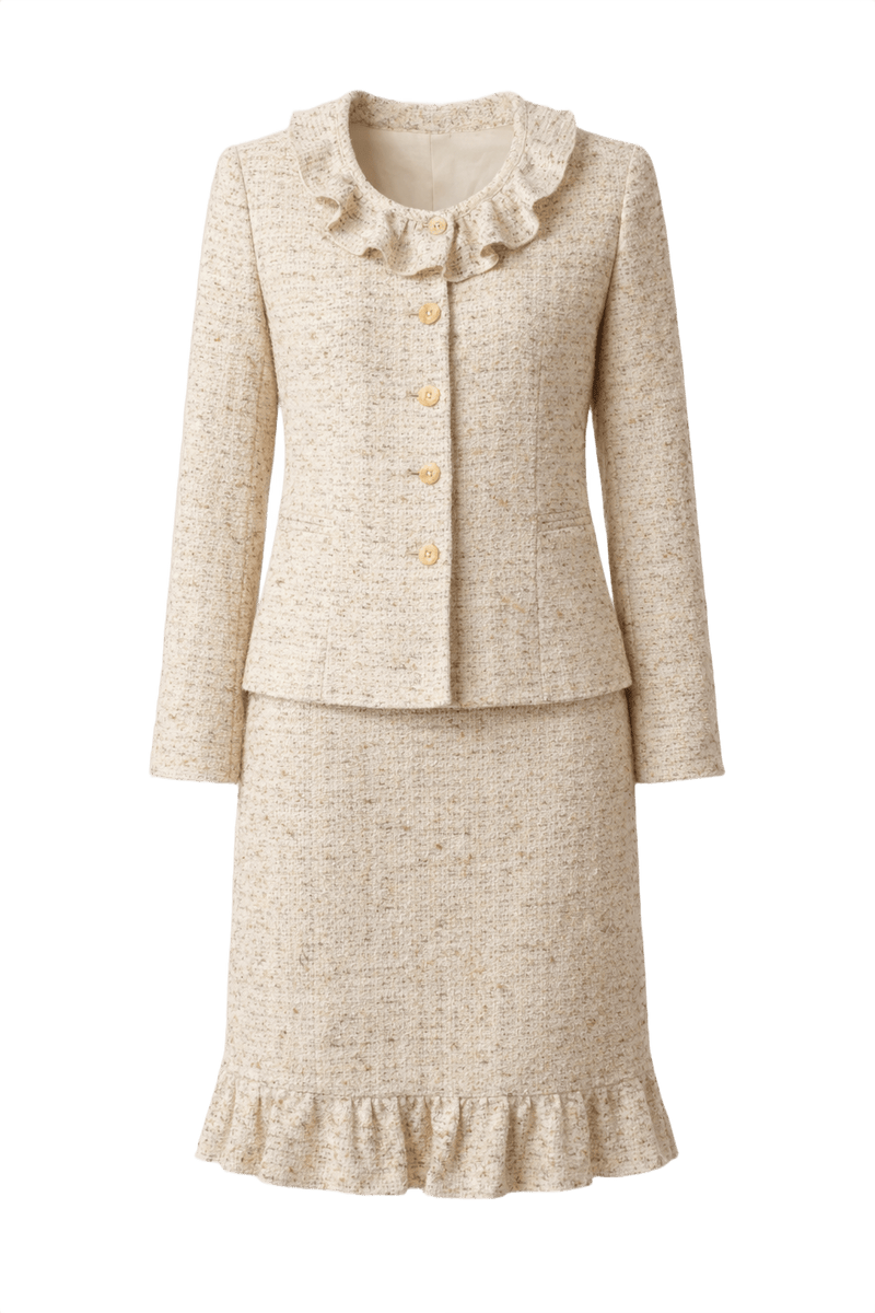 1980s Cream Tweed Skirt Suit - Front View