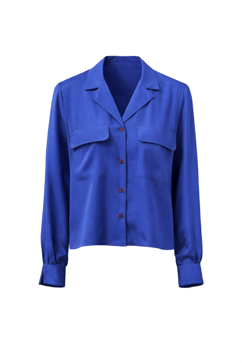 1980s Cobalt Blue Silk Blend Blouse - Front View