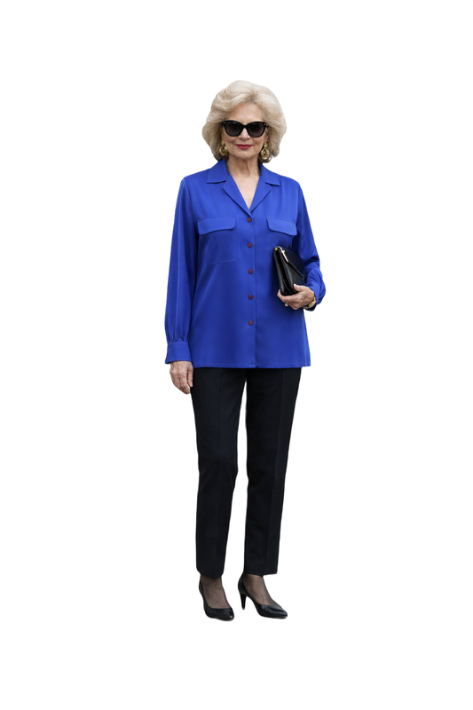 1980s Cobalt Blue Silk Blend Blouse - Model