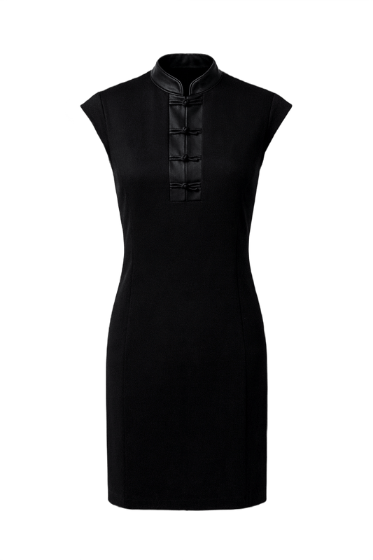 1990s Black Wool Blend Shift Dress - Front View