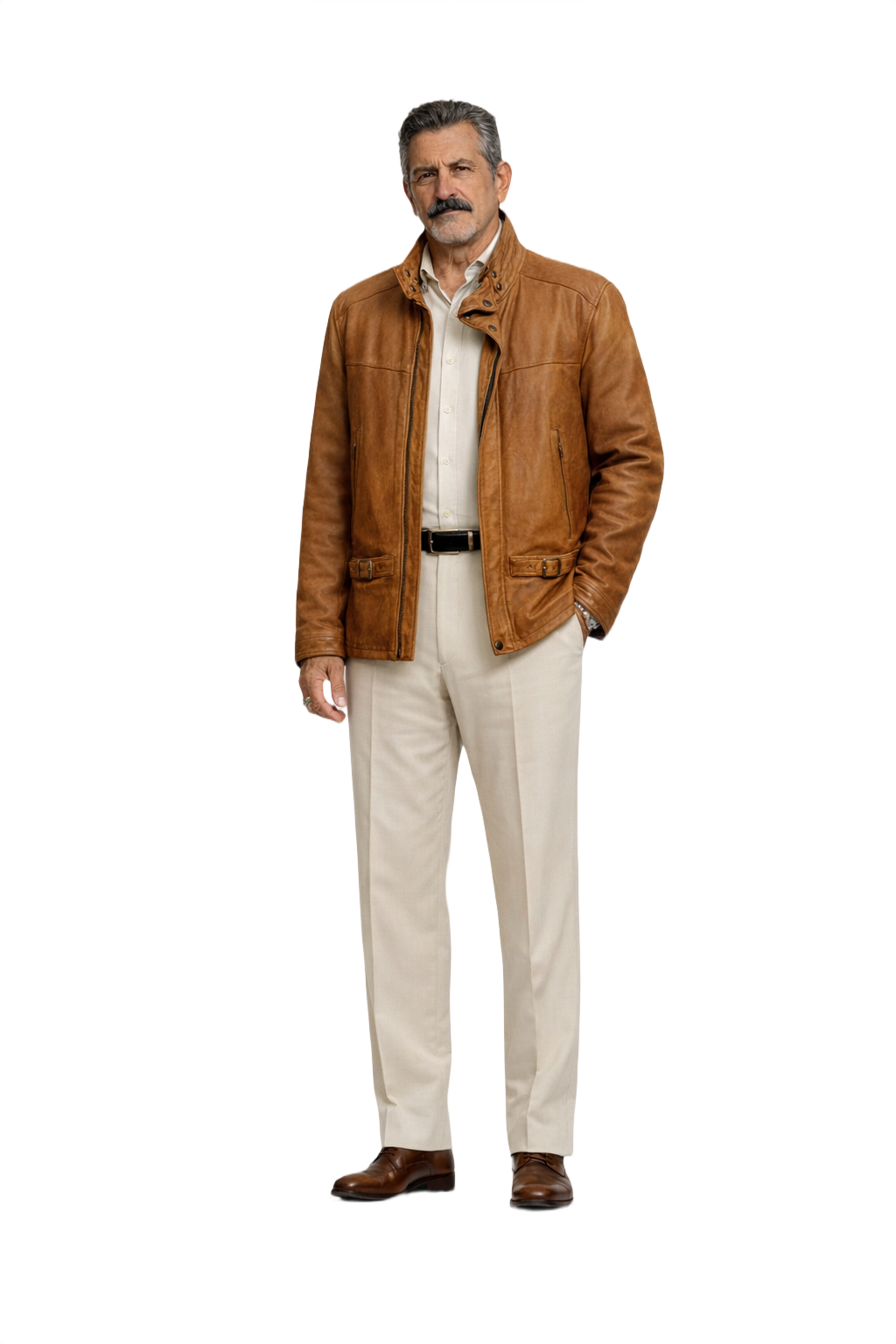 1980s Tan Leather Bomber Jacket - Model