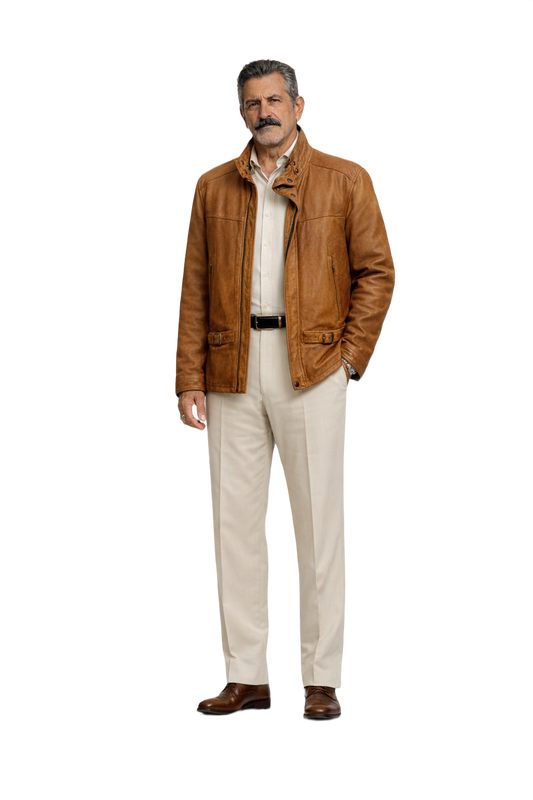 1980s Tan Leather Bomber Jacket - Model