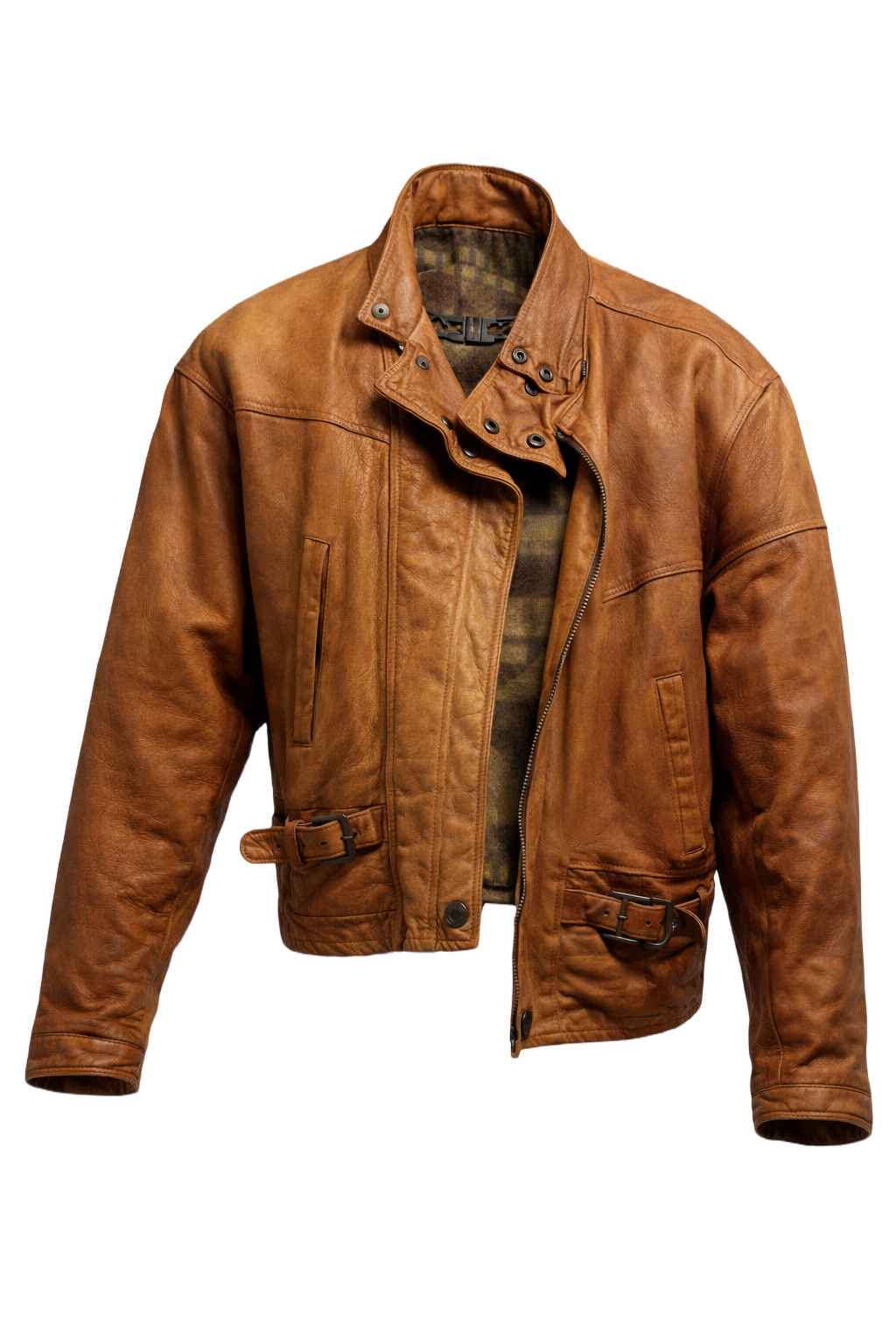 1980s Tan Leather Bomber Jacket - Front View