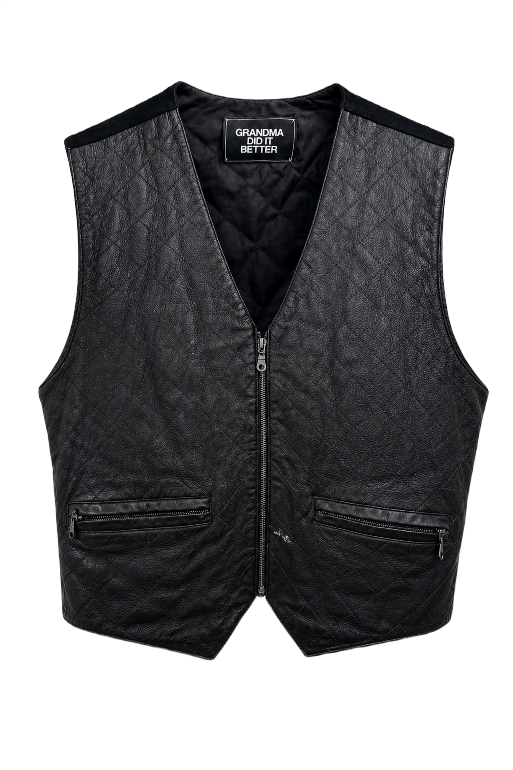 1970s Black Leather Quilted Vest - Front View