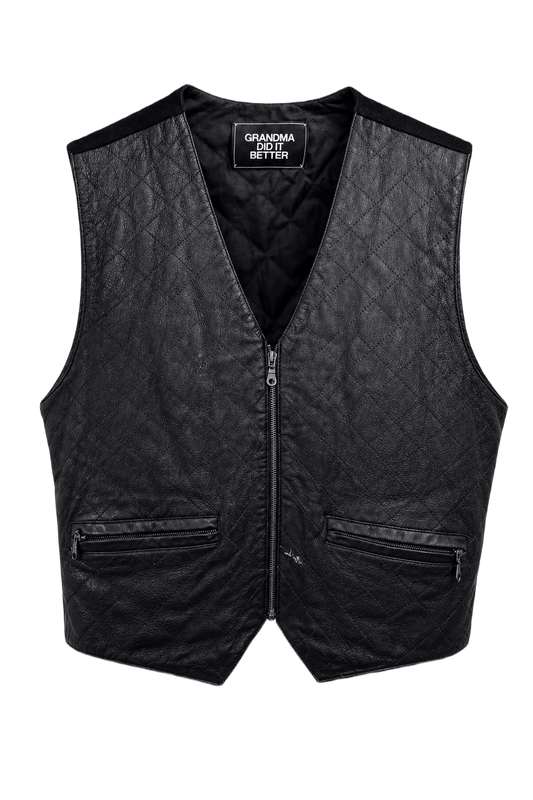 1970s Black Leather Quilted Vest - Front View