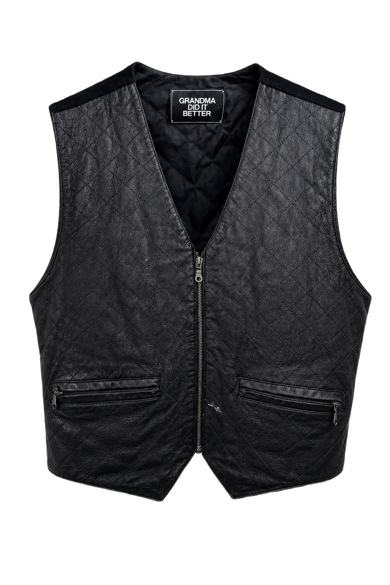 1970s Black Leather Quilted Vest - Front View