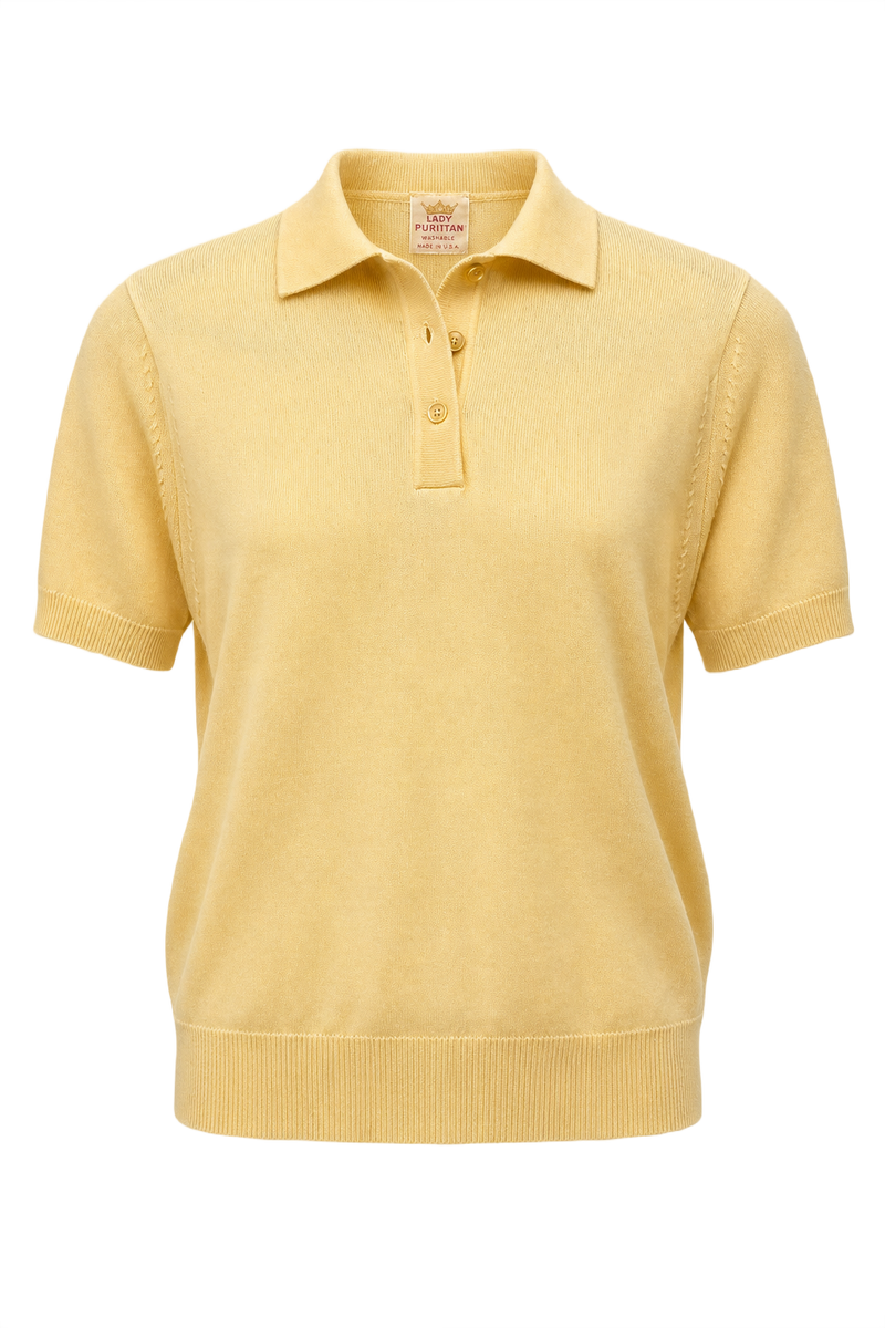 1960s Pale Yellow Cotton Blend Polo - Front View