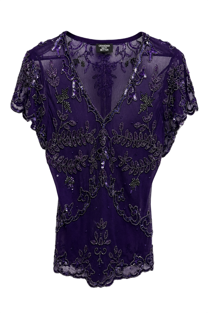 1980s Deep Purple Mesh Blouse - Front View