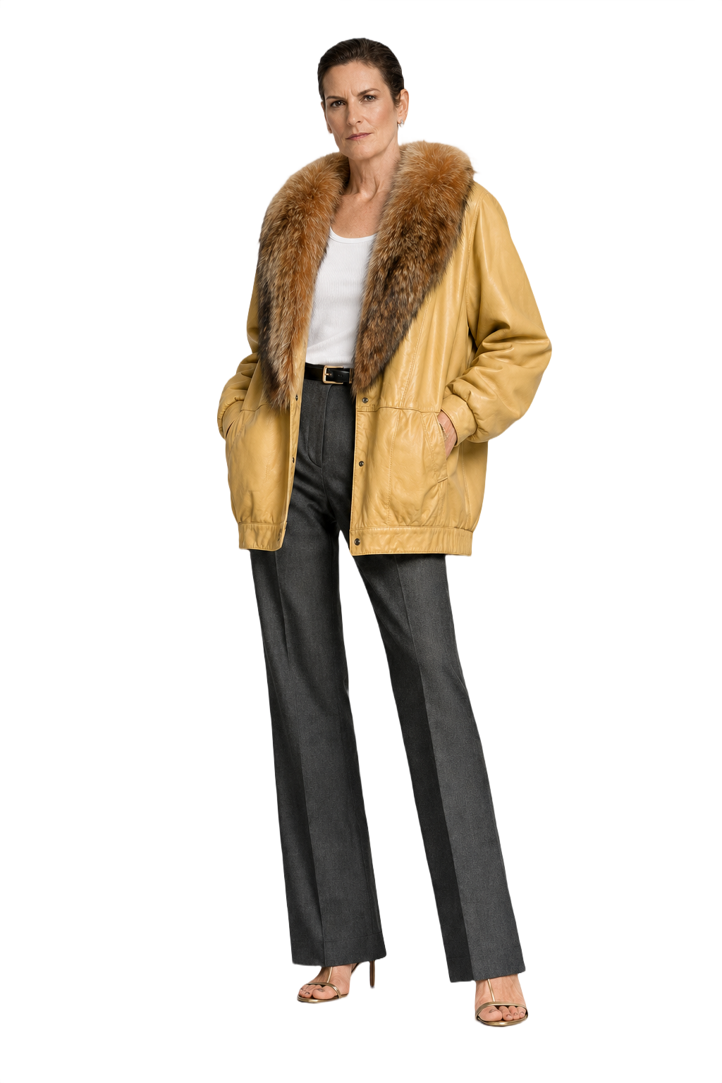 1990s Cream Yellow Leather Jacket - Model