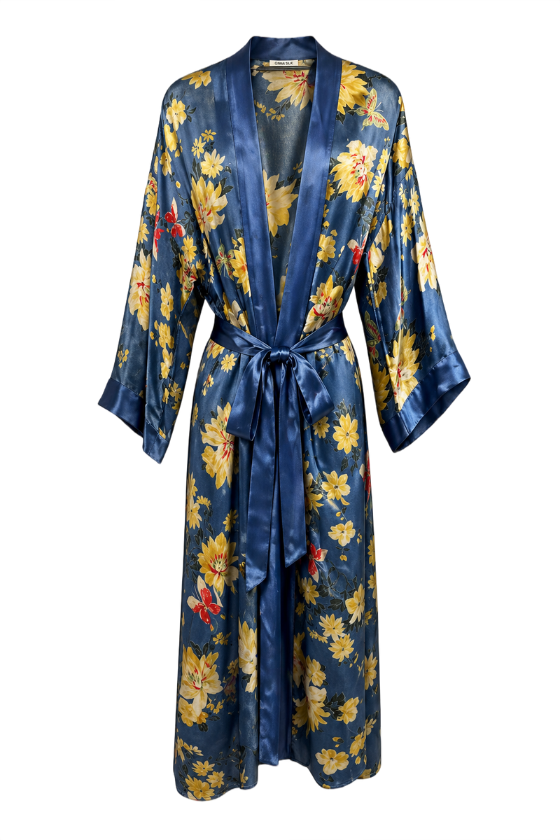 1930s Blue Silk Kimono Robe - Front View