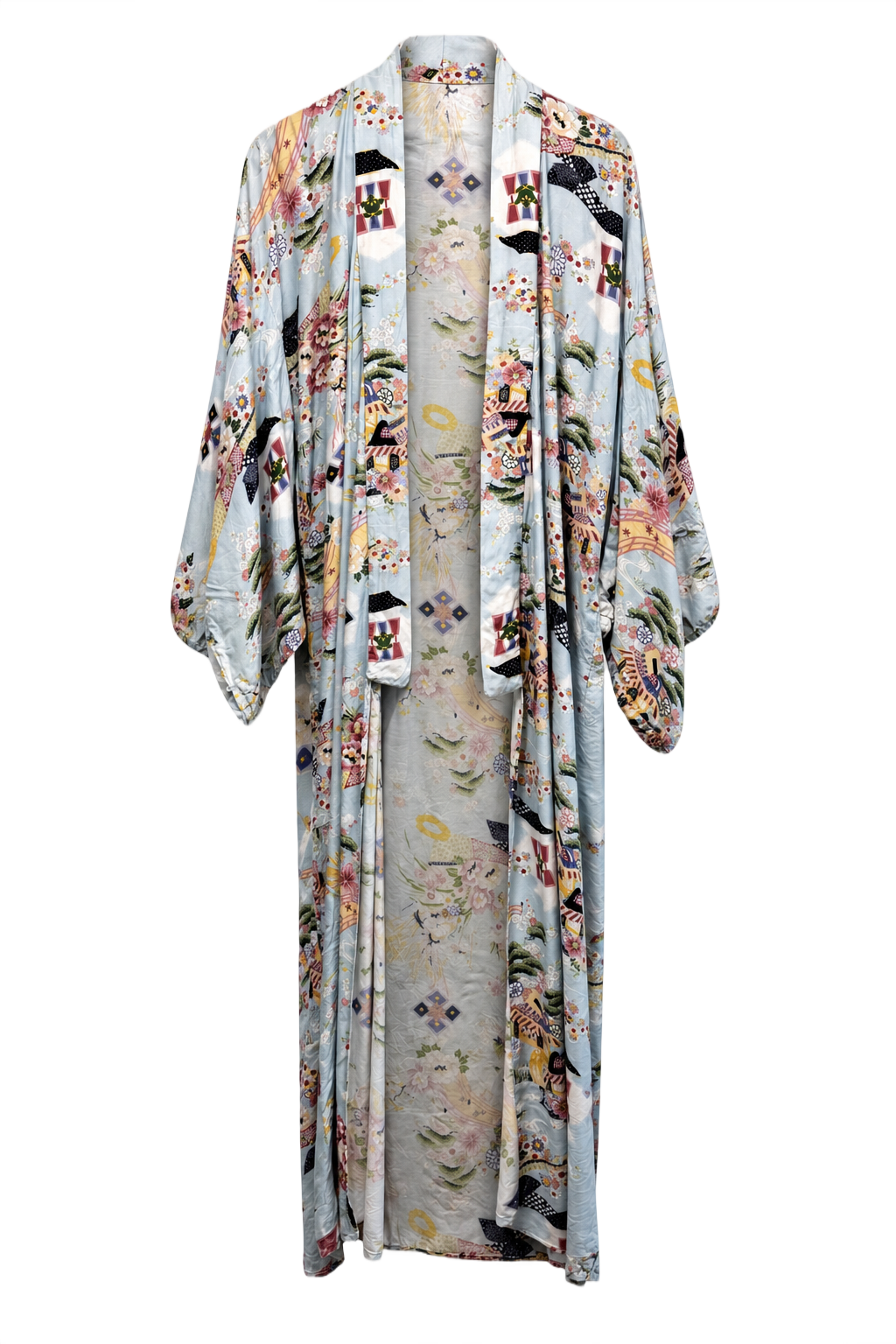 1930s Light Blue Silk-like Kimono - Front View