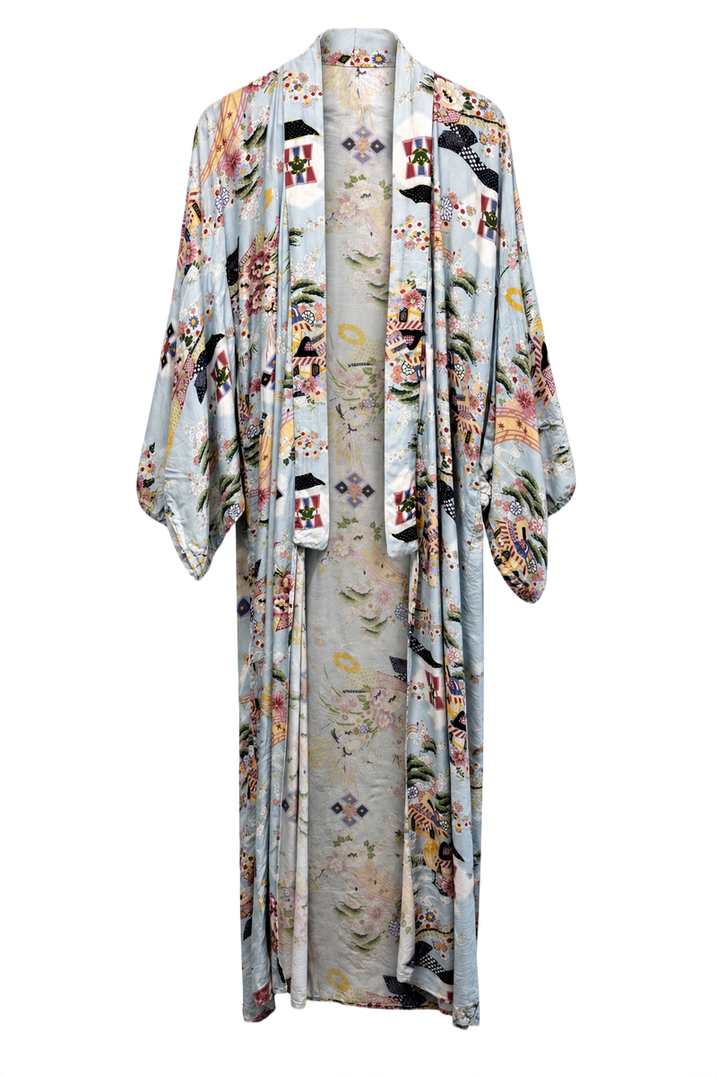 1930s Light Blue Silk-like Kimono - Front View