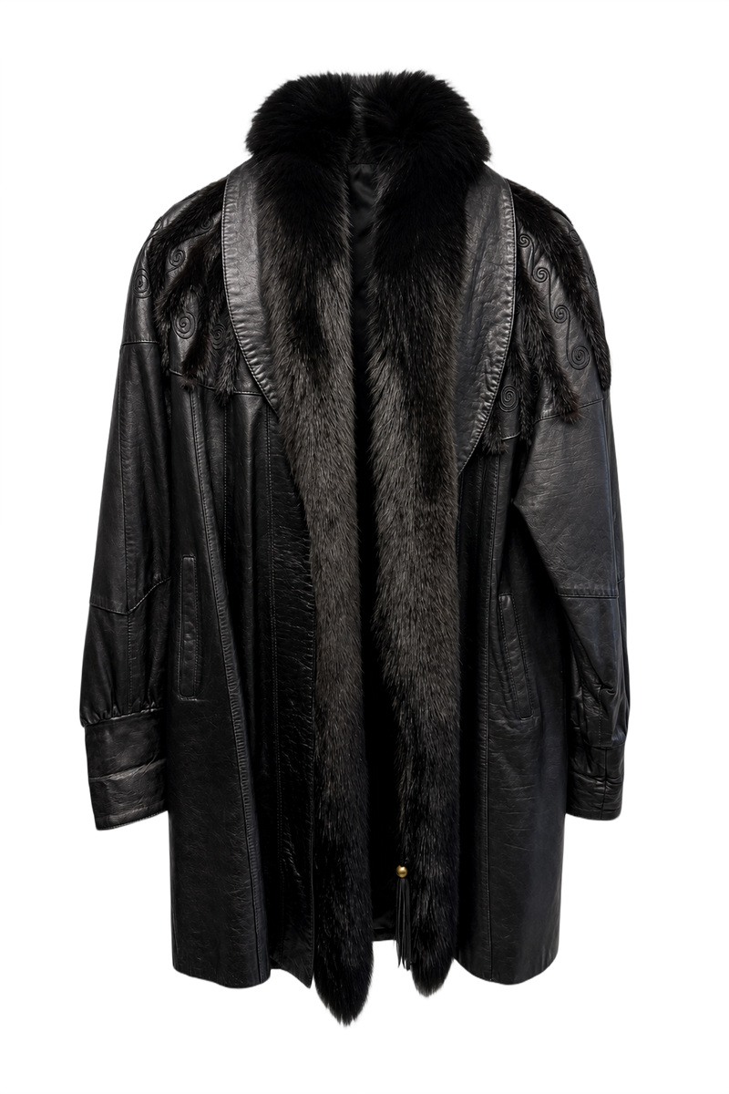1980s Black Leather Coat - Front View