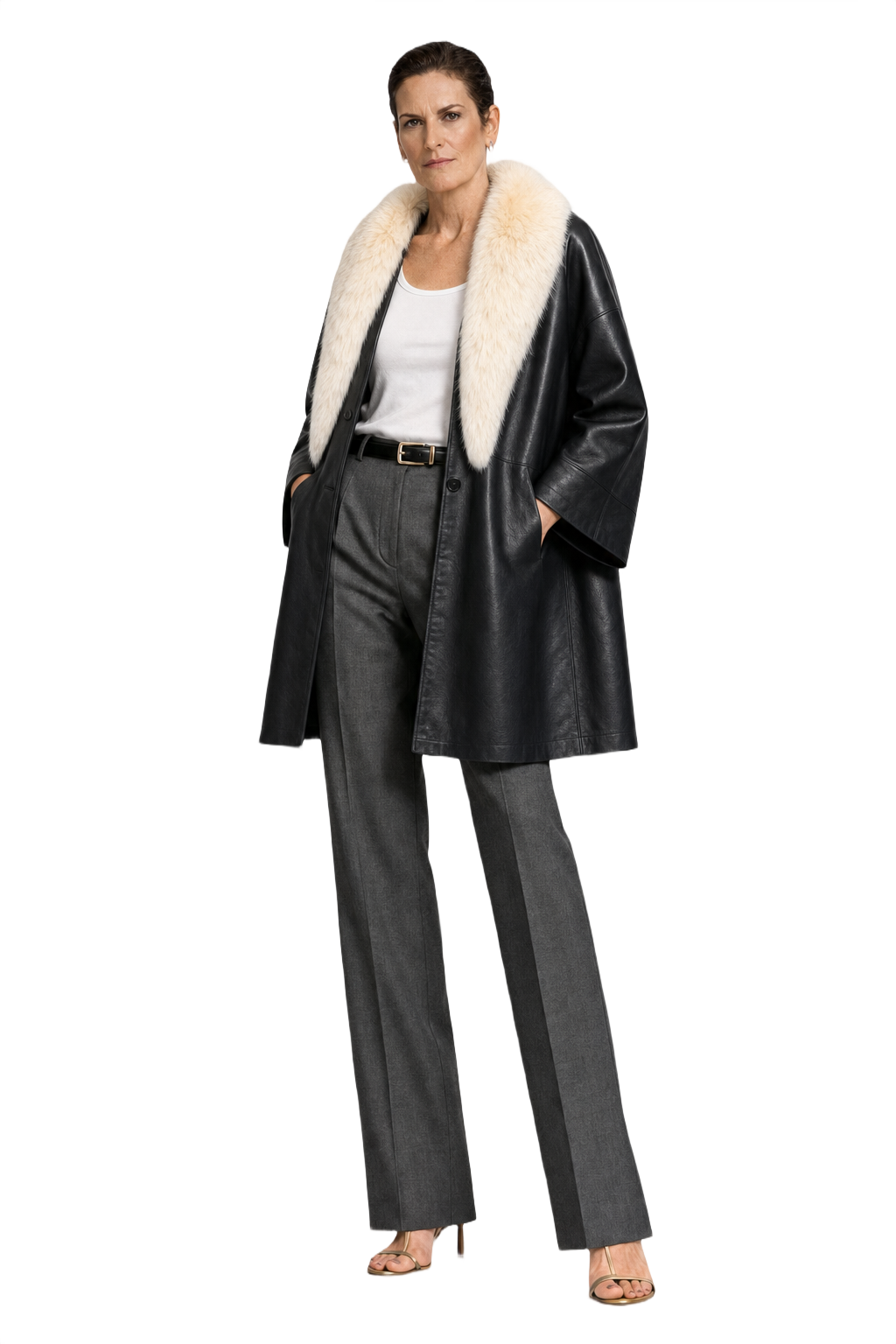 1990s Black Leather Coat Fur Collar - Model