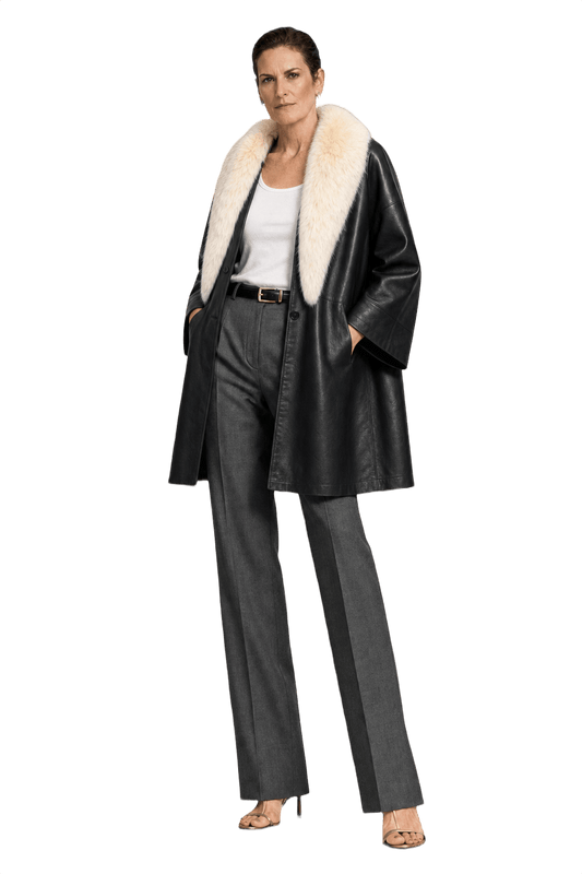 1990s Black Leather Coat Fur Collar - Model