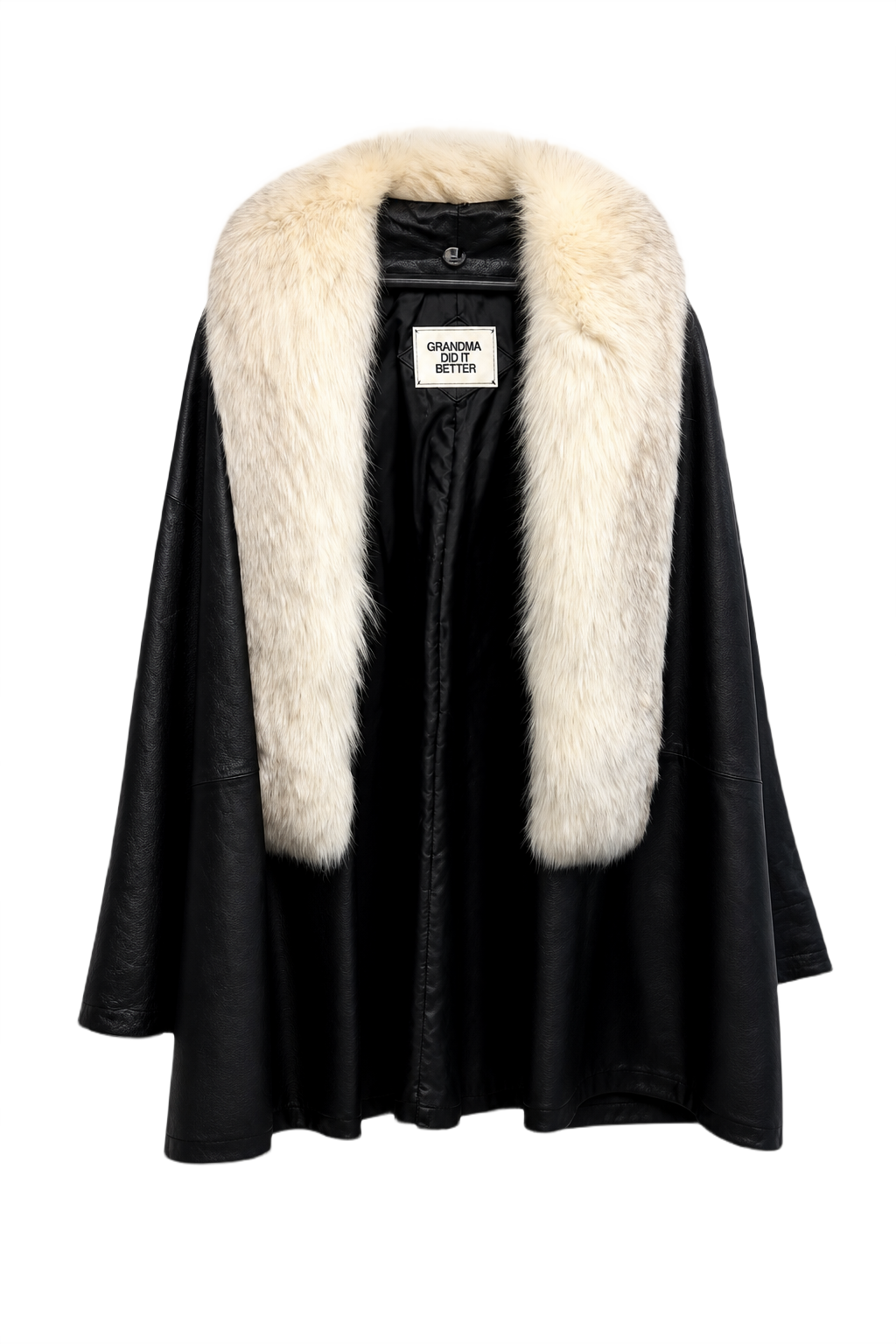 1990s Black Leather Coat Fur Collar - Front View