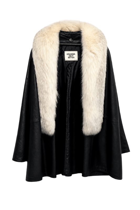 1990s Black Leather Coat Fur Collar - Front View