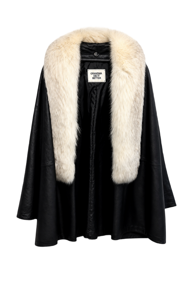 1990s Black Leather Coat Fur Collar - Front View