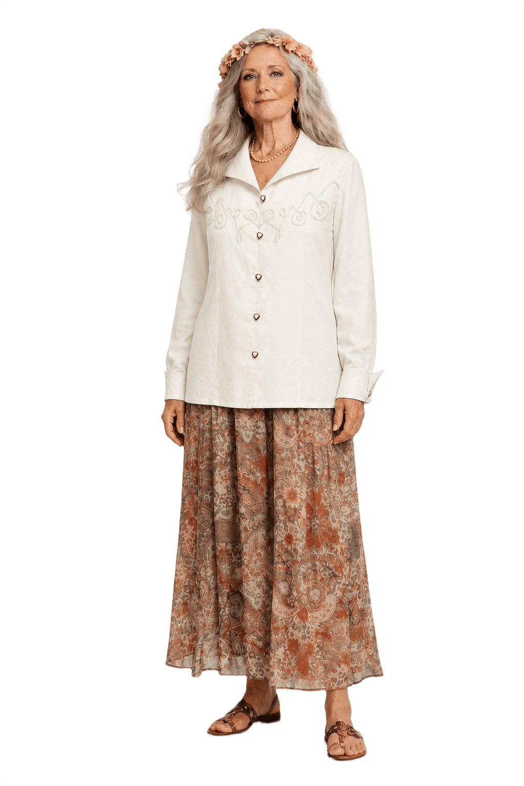 1980s Cream Polyester Blouse - Model