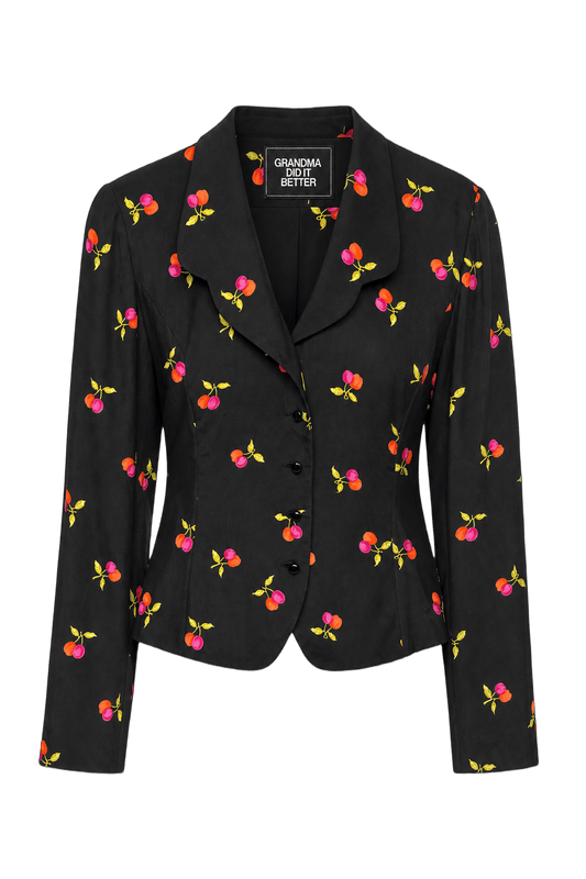 1990s Black Synthetic Floral Print Jacket - Front View