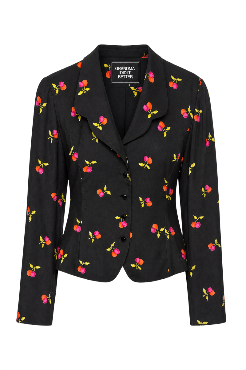 1990s Black Synthetic Floral Print Jacket - Front View