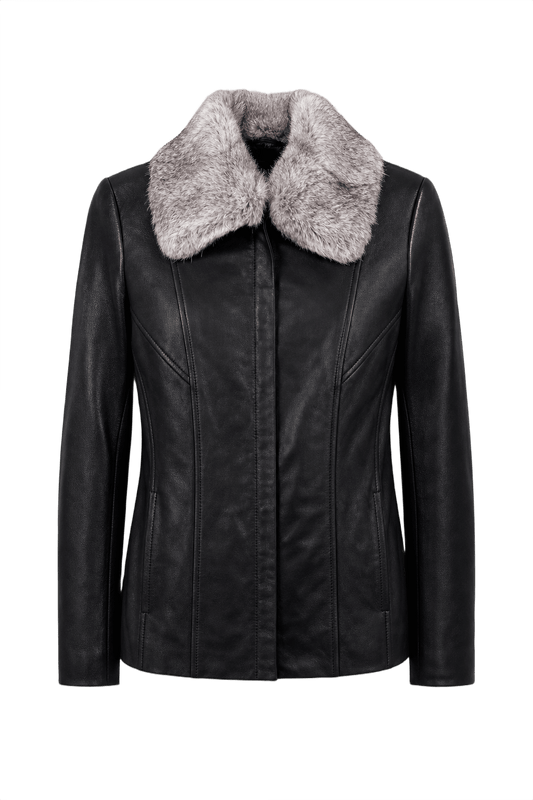 1990s Black Leather Faux Fur Collar Jacket - Front View