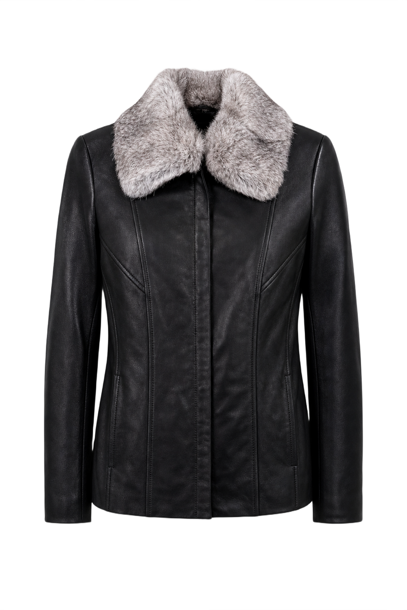 1990s Black Leather Faux Fur Collar Jacket - Front View