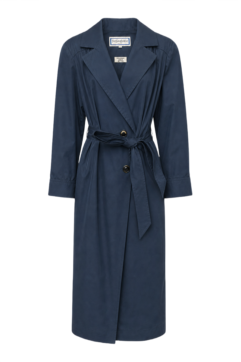 1980s Navy Blue Nylon Trench Coat - Front View