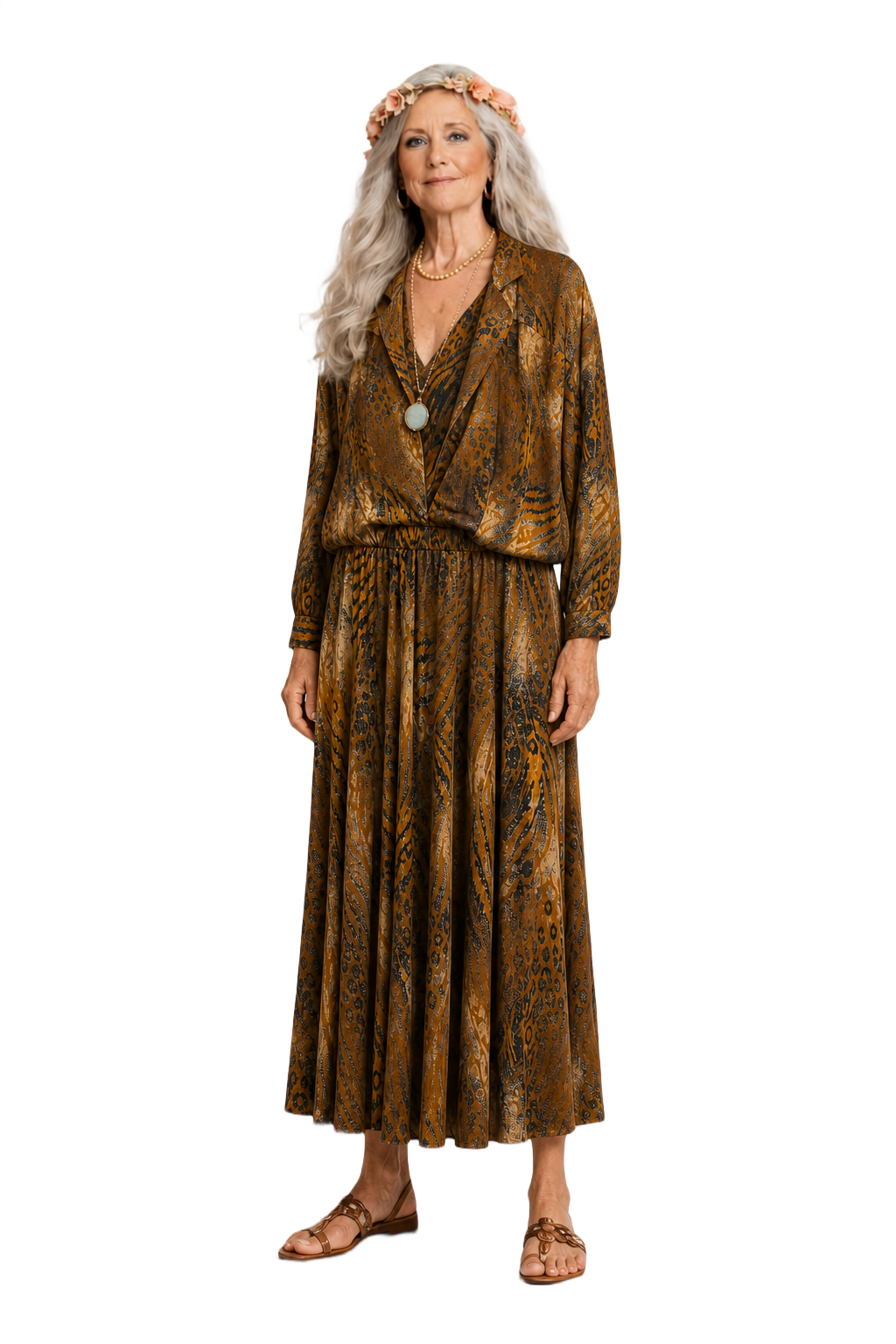 1970s Brown Animal Print Synthetic Blend Jacket and Skirt Set - Model