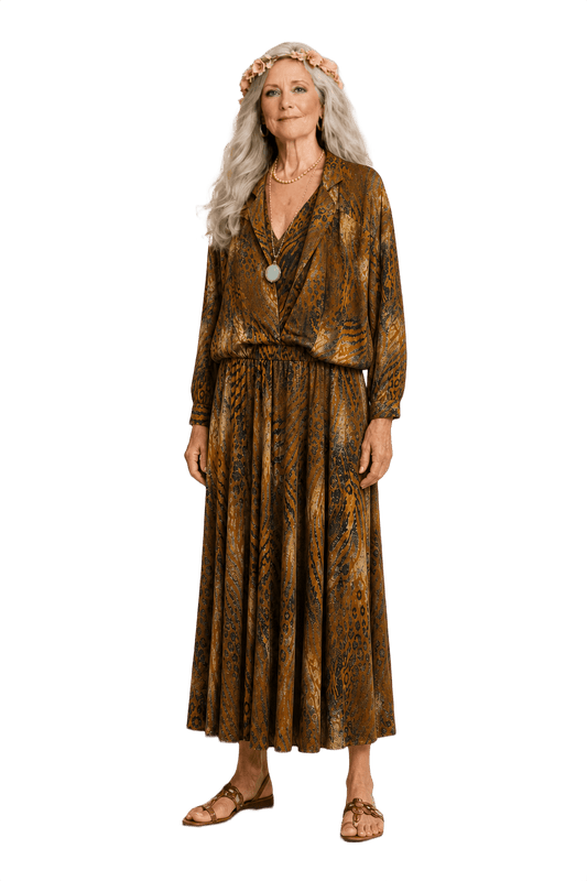 1970s Brown Animal Print Synthetic Blend Jacket and Skirt Set - Model