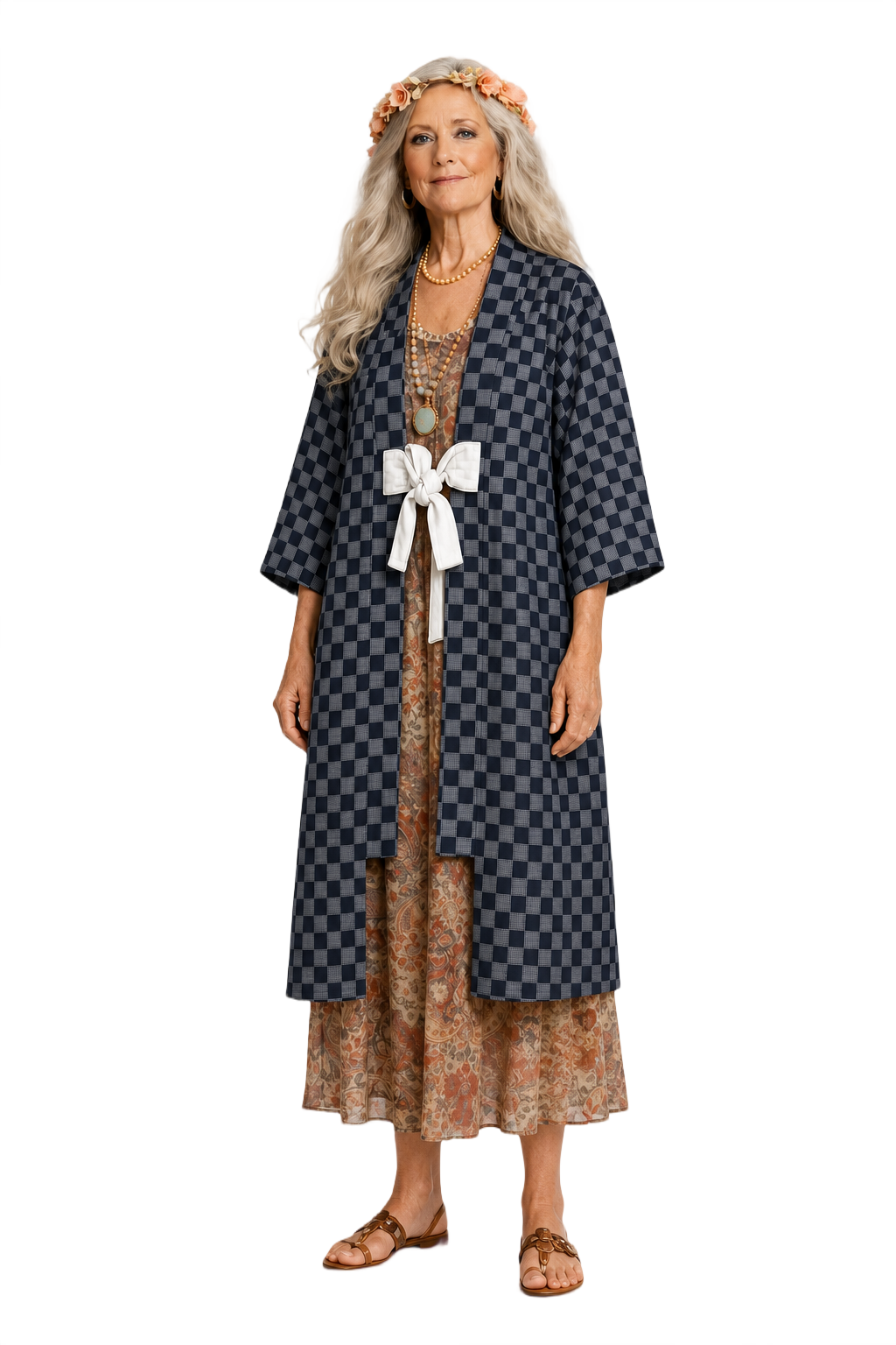 1970s Navy Blue Cotton Blend Kimono - Model