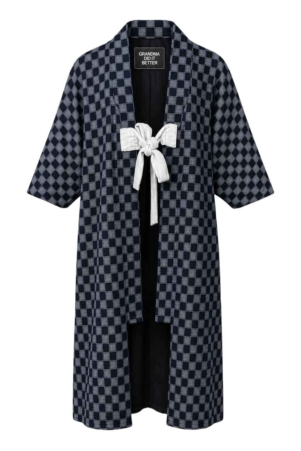 1970s Navy Blue Cotton Blend Kimono - Front View